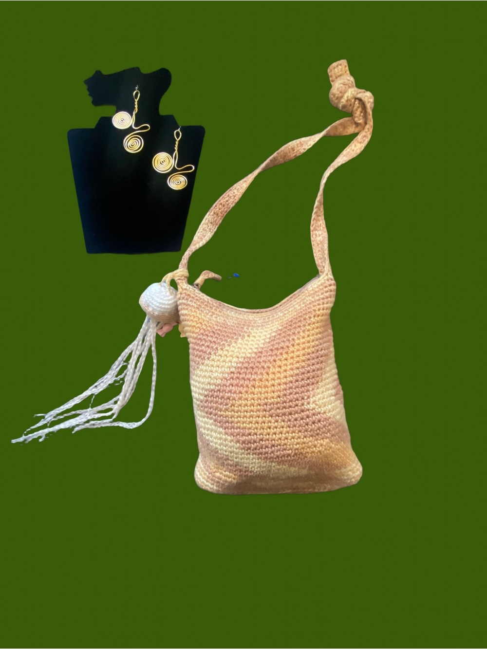 Crochet Crossbody Bag with Tassel- beige